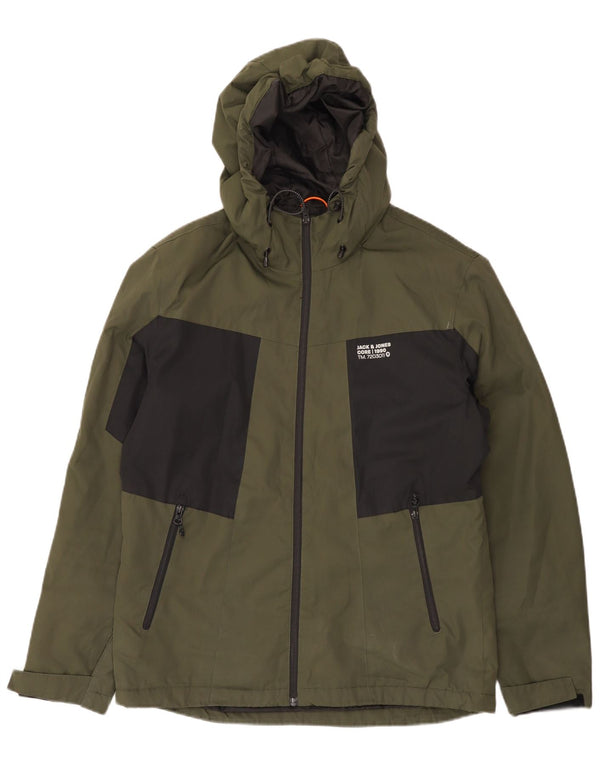 Jack & Jones Herre Hooded Windbreaker Jacket UK 40 Large Khaki Colourblock