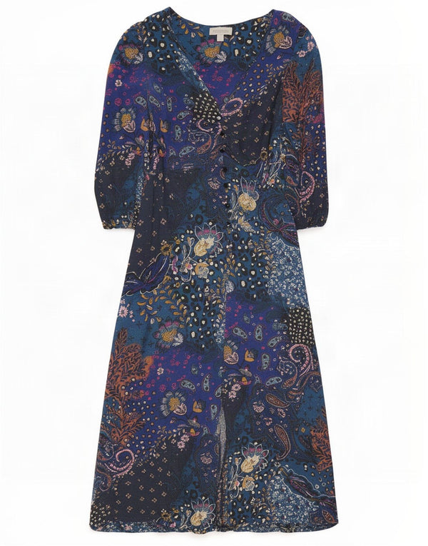 Monsoon Dame 3/4-ærmet Maxikjole UK 10 Small Blue Paisley Cotton