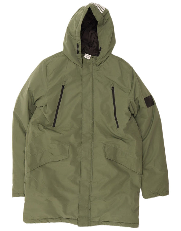 Vintage drenge grafisk hættepolstret frakke 15-16 år Khaki Colourblock