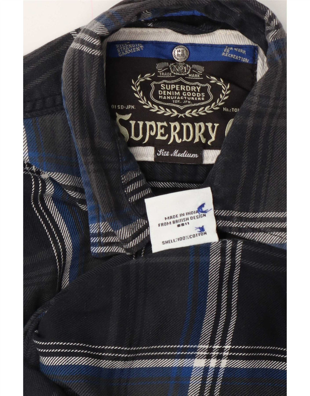 Superdry Flanelskjorte til kvinder UK 14 Medium Navyblå Plaid Bomuld