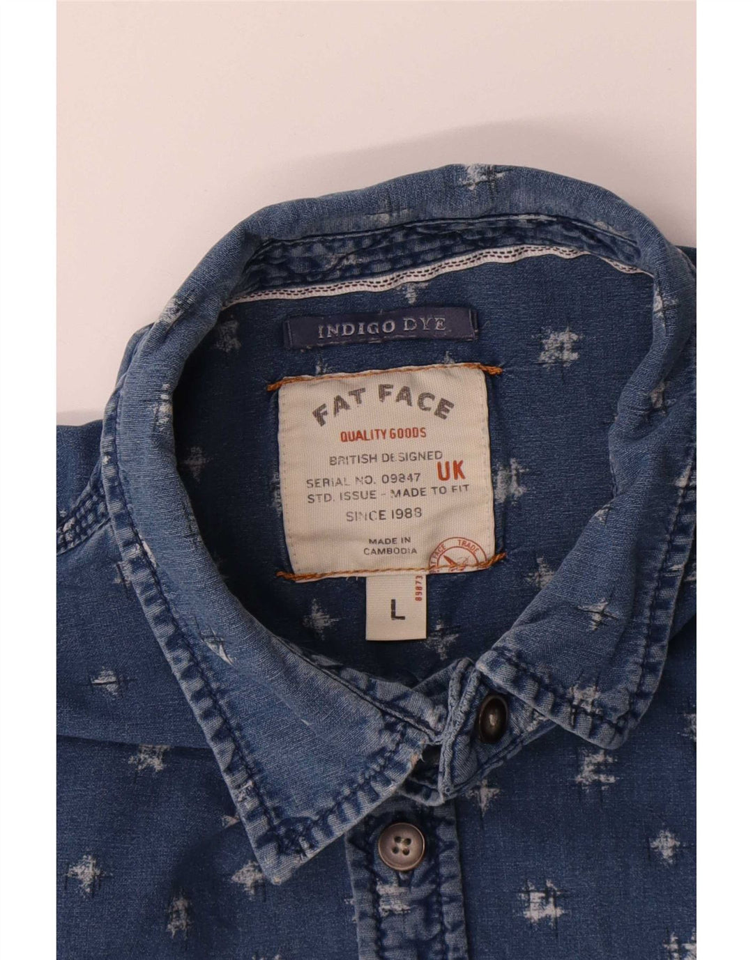 Fat Face Herre Indigo Dye Abstrakt mønster Skjorte Stor Blå Bomuld