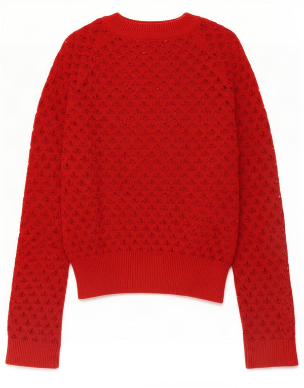 Zara Dame Hæklet Boat Neck Jumper Sweater UK 14 Medium Rød Bomuld