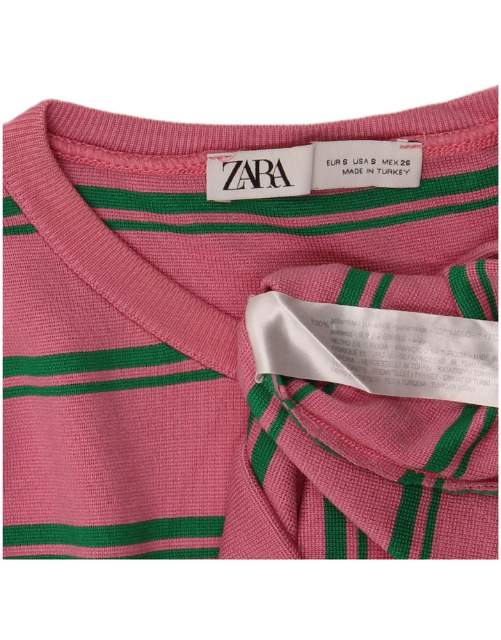 Zara Womens Crop Top Langærmet UK 8 Small Pink Stribet Polyamid
