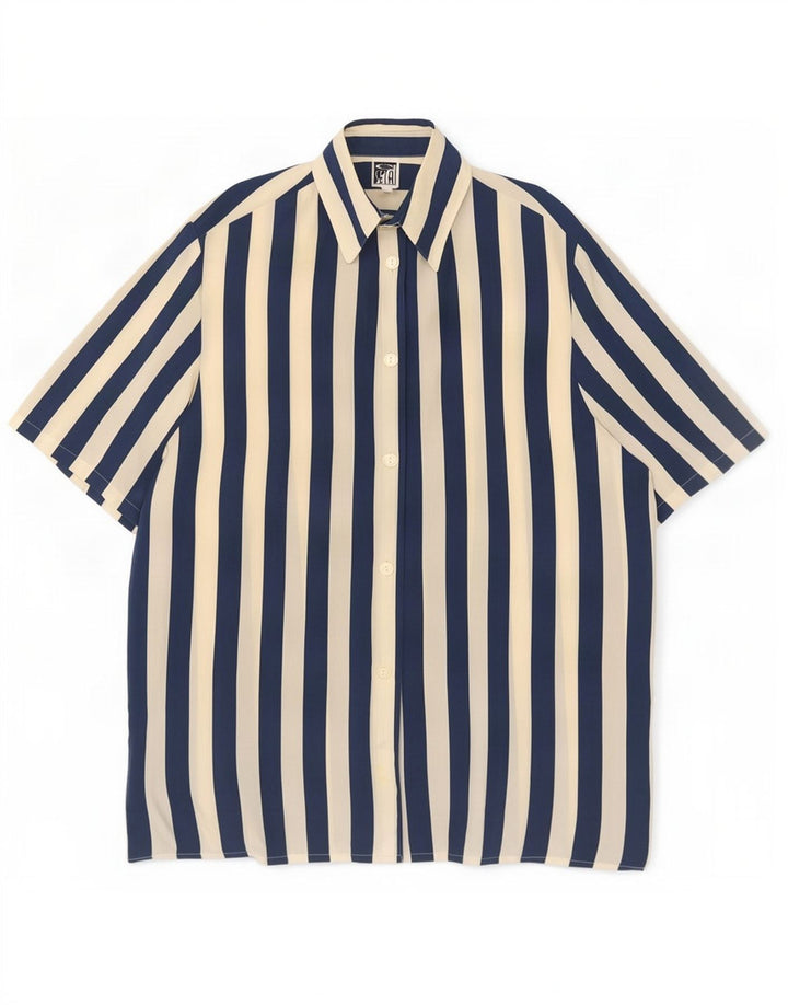 Vintage kortærmet skjortebluse til kvinder IT 42 Mellem marineblå stribet