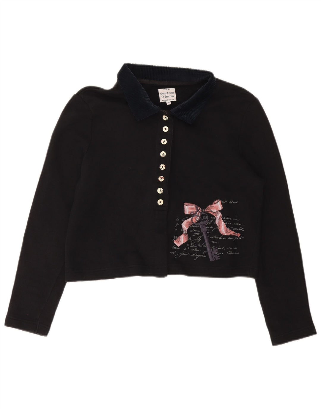 BENETTON Dame Oversized Grafisk Crop Polo Shirt UK 10 Lille Sort
