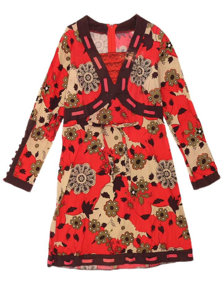 Vintage Dame Langærmet Basic Kjole UK 12 Medium Rød Blomster Bomuld