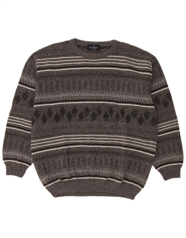 Malagrida Herre Boat Neck Jumper Sweater 2XL Grå Stribet Uld