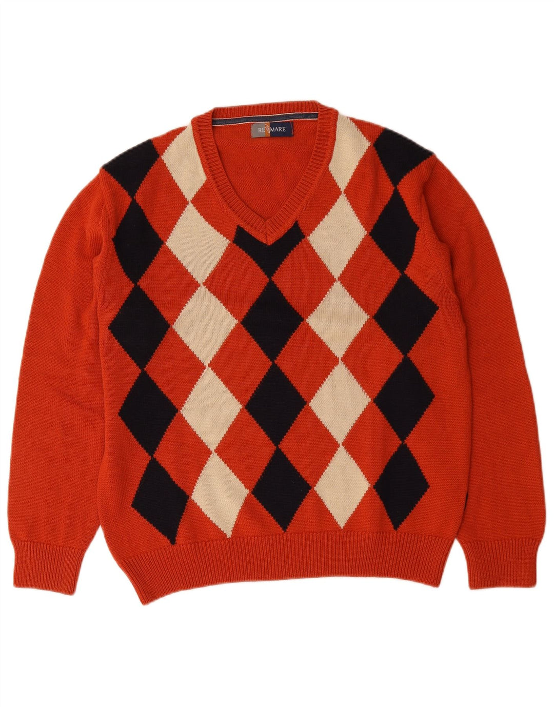 Re Del Mare Herre V-hals sweater Medium Orange Argyle/Diamond Wool