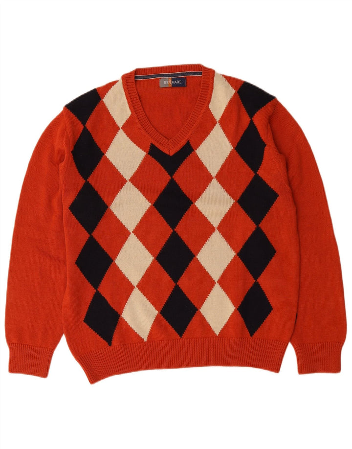 Re Del Mare Herre V-hals sweater Medium Orange Argyle/Diamond Wool