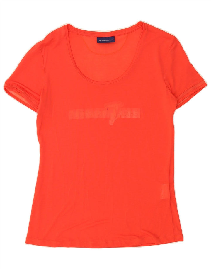 TRUSSARDI Womens Pullover Crop Graphic T-Shirt Top UK 10 Small Red Lyocell Vintage Trussardi and Second-Hand Trussardi from Messina Hembry 