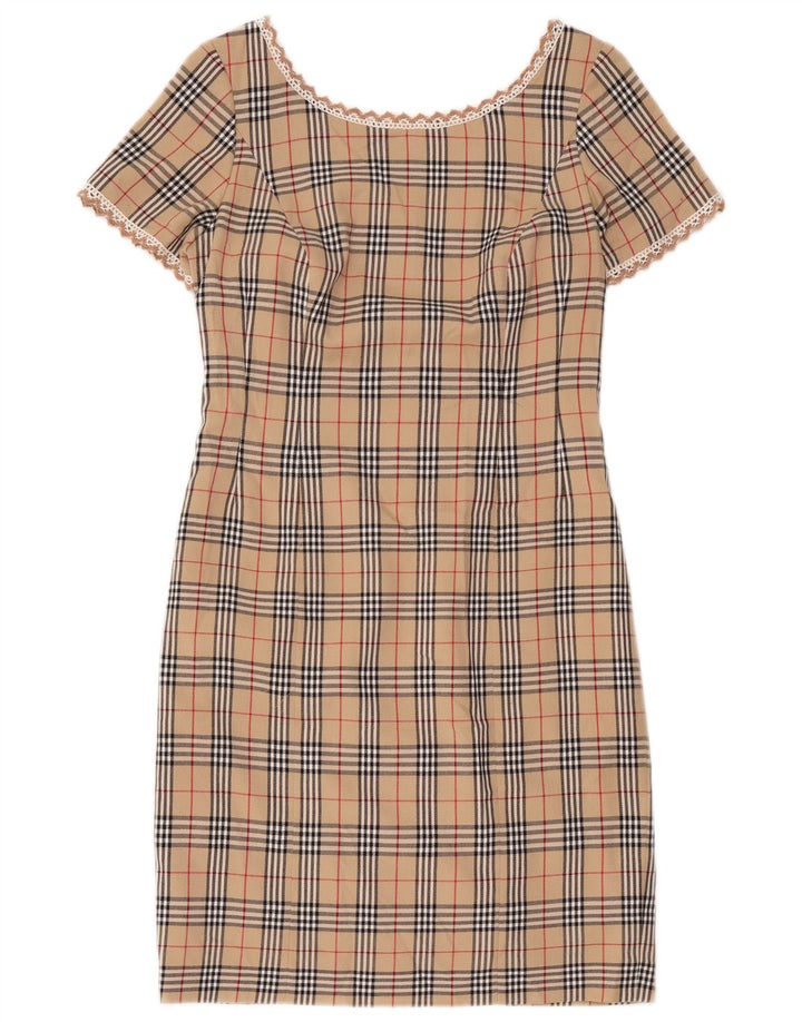 Vintage Kvinders Skede Kjole UK 12 Medium Beige Plaid