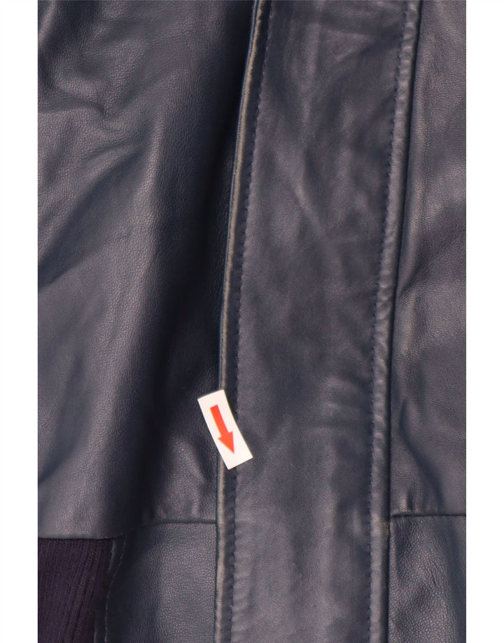 VINTAGE Læderjakke med hætte til kvinder UK 14 Stor marineblå læder