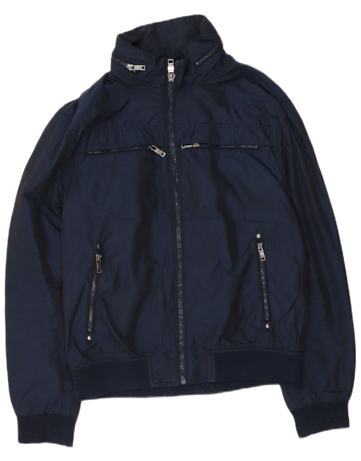 Zara Herre Hooded Bomber Jacket UK 42 XL Navy Blue Polyester