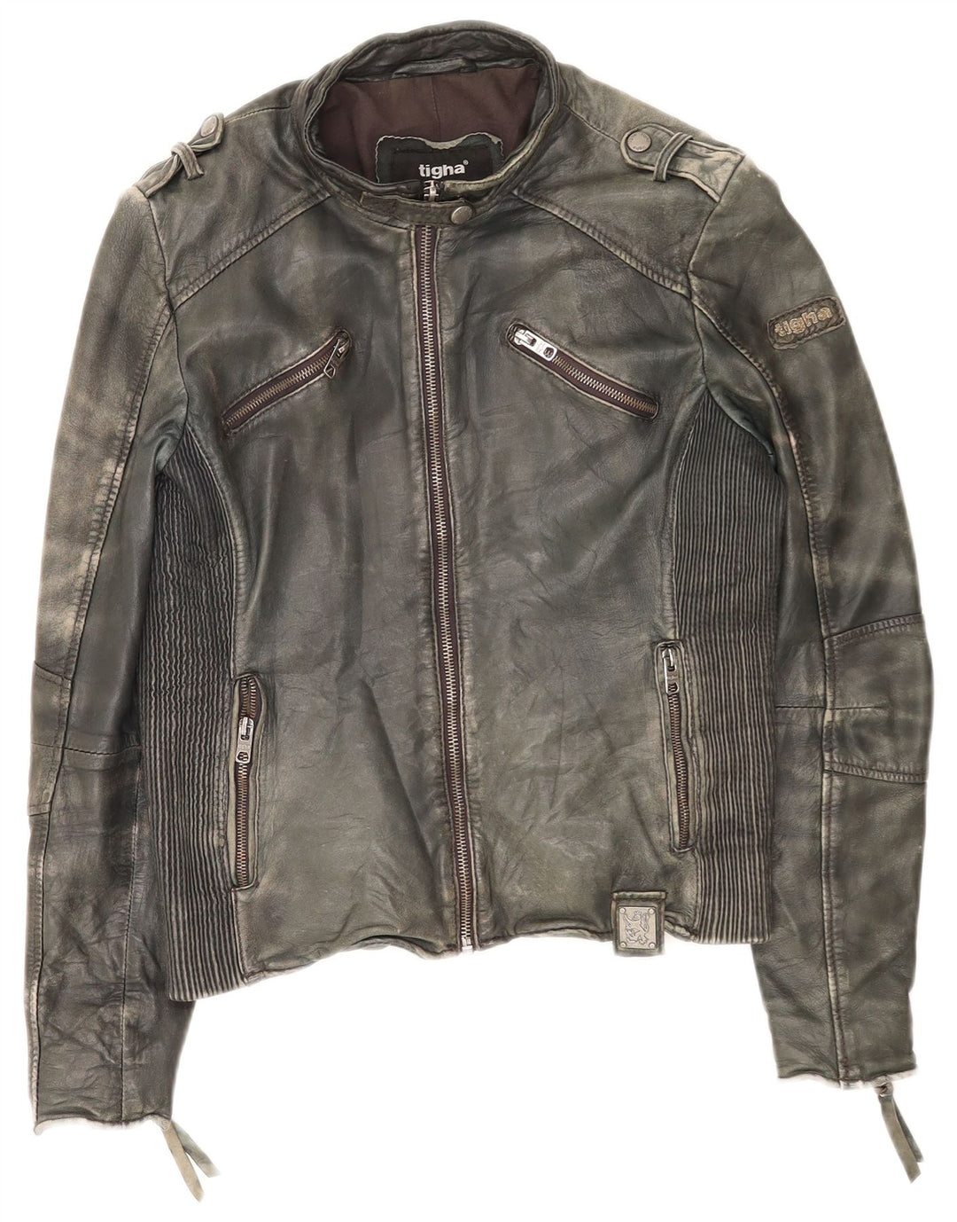 Tigha Dame Læder Racer Jakke UK 16 Large Khaki