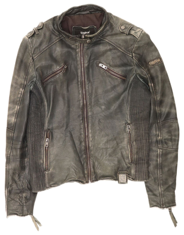 Tigha Dame Læder Racer Jakke UK 16 Large Khaki