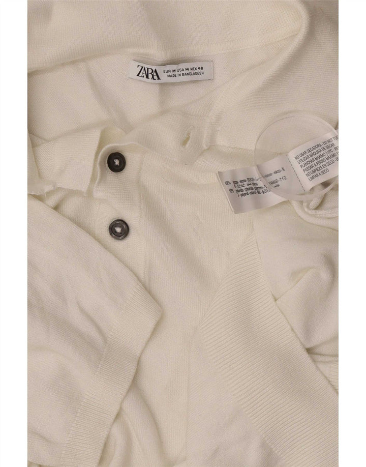 Zara Herre Kortærmet Polo Neck Jumper Sweater Medium White Viscose