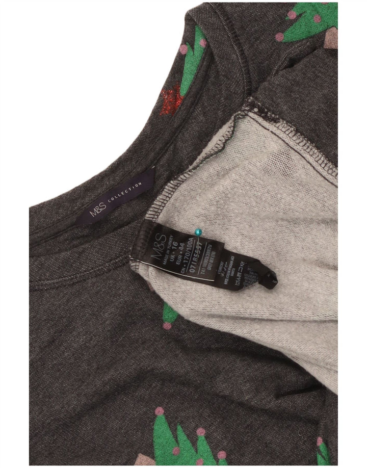Marks & Spencer Dame Grafisk Sweatshirt Jumper UK 16 Large Grey Christmas
