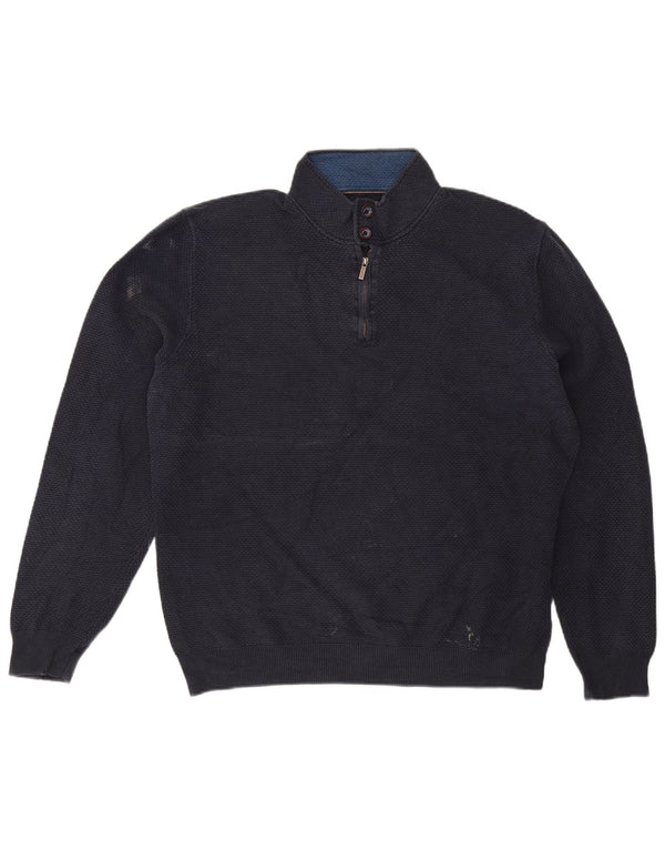 Massimo Dutti Herre Button Neck Jumper Sweater 2XL Navy Blue Bomuld