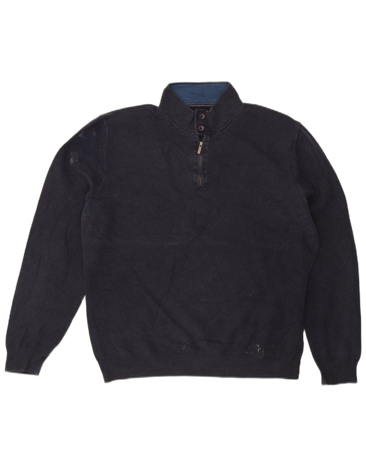 Massimo Dutti Herre Button Neck Jumper Sweater 2XL Navy Blue Bomuld