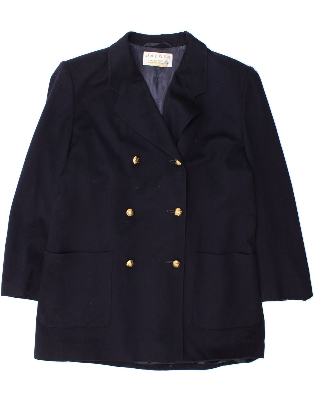 JAEGER Womens Double Breasted Coat UK 14 Medium Navy Blue Wool Vintage Jaeger and Second-Hand Jaeger from Messina Hembry 