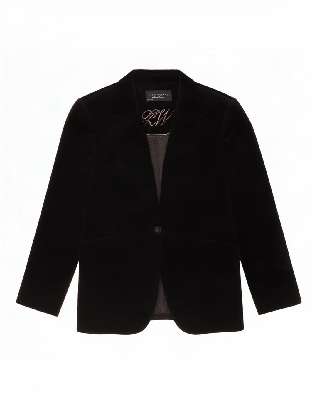 Zara Dame 1 Knap Velvet Blazer Jacket EU 42 Stor Sort Bomuld