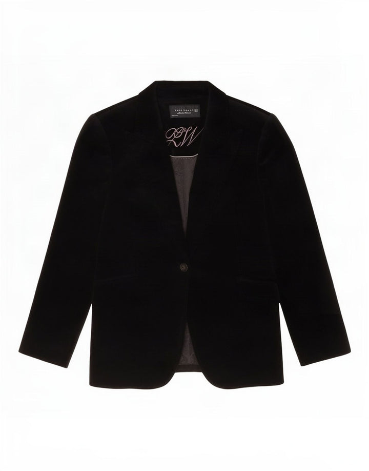 Zara Dame 1 Knap Velvet Blazer Jacket EU 42 Stor Sort Bomuld