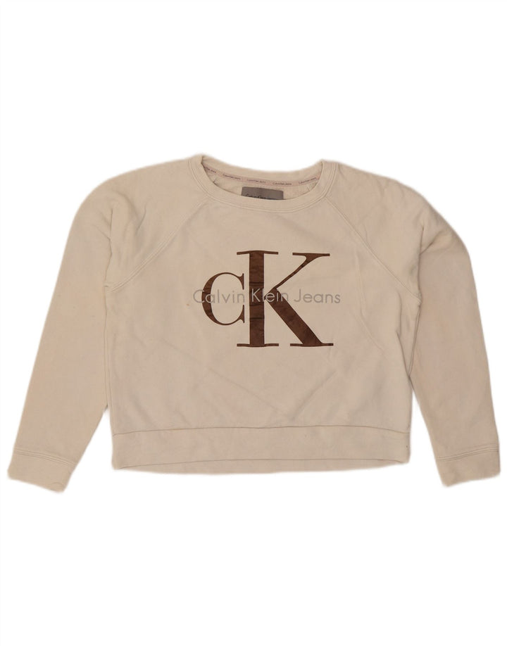 Calvin Klein Jeans Dame Crop Sweatshirt Jumper UK 10 Small White