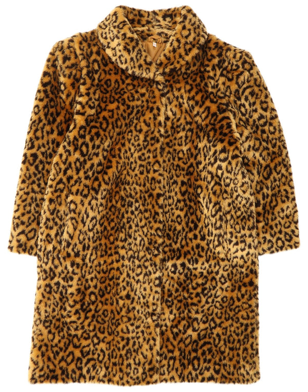 VINTAGE Dame Oversized Faux Fur Overcoat EU 40 Medium Brown Animal Print