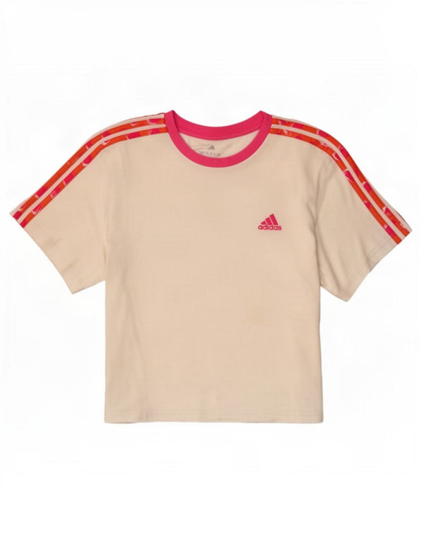Adidas Dame Crop Grafisk T-Shirt Top UK 12/14 Medium White Bomuld