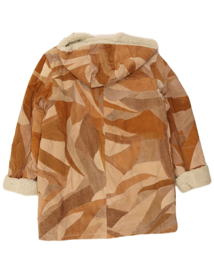 Vintage Sherpa-overfrakke med hætte til kvinder UK 18 XL brun patchwork-læder