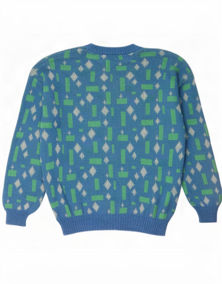 Vintage herre rund hals sweater stor blå geometrisk