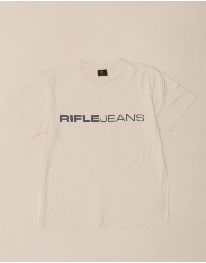 RIFLE Womens Graphic T-Shirt Top UK 14 Medium White Vintage Rifle and Second-Hand Rifle from Messina Hembry 