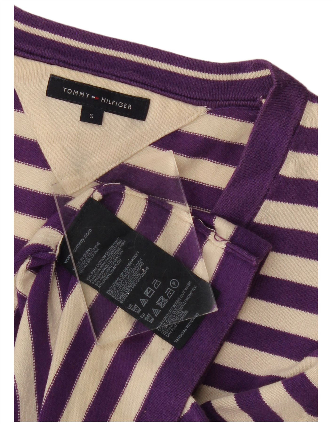 TOMMY HILFIGER Womens V-Neck Jumper Sweater UK 10 Small Purple Striped Vintage Tommy Hilfiger and Second-Hand Tommy Hilfiger from Messina Hembry 