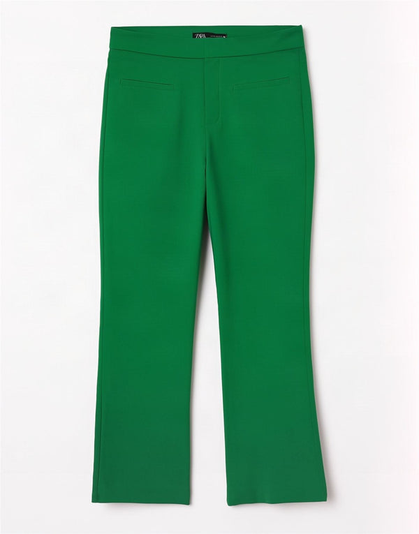 Zara Dame Bootcut Cropped Trousers Medium W28 L25 Grøn Bomuld