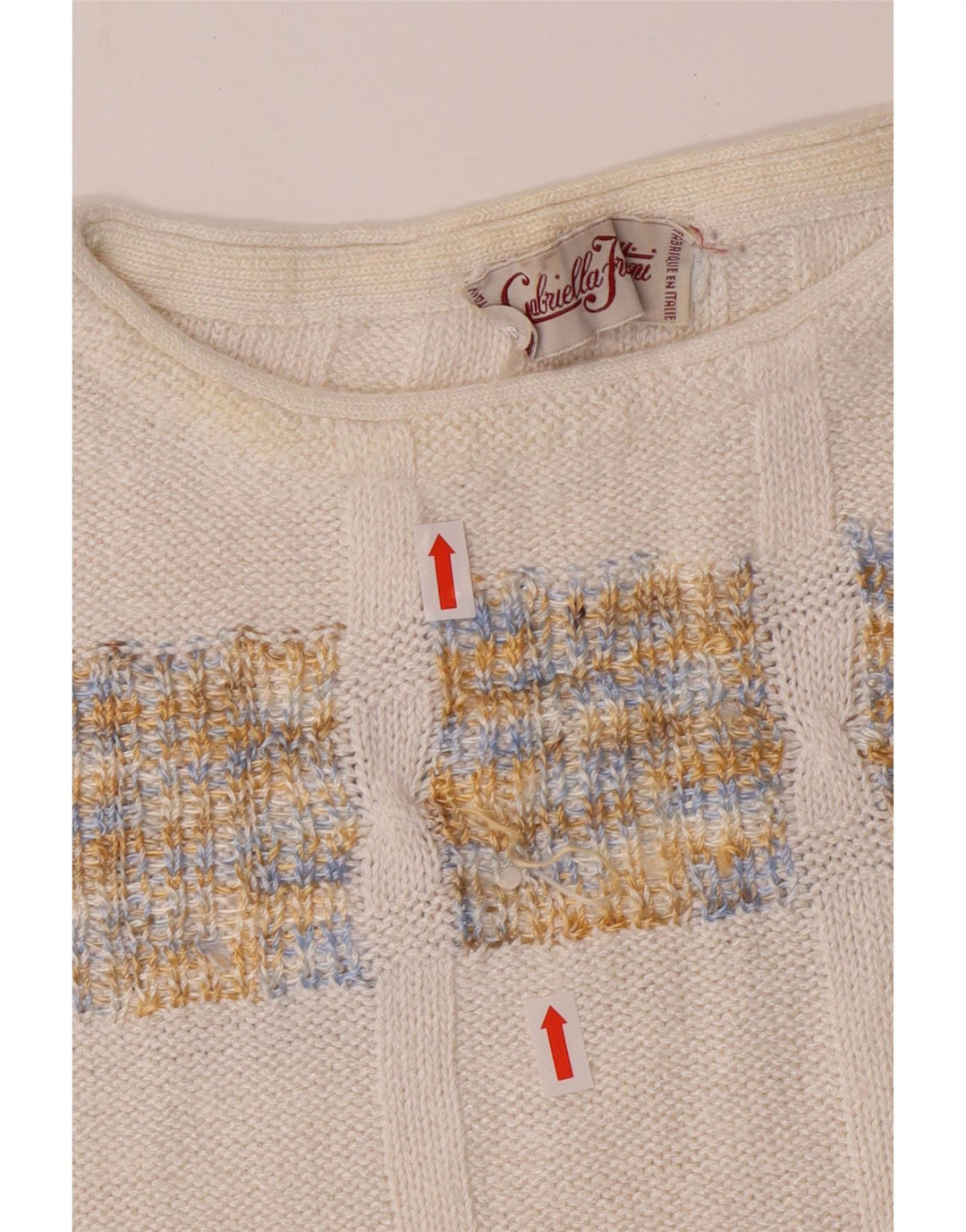VINTAGE Womens Crop Crew Neck Jumper Sweater UK 14 Medium White Geometric Vintage Vintage and Second-Hand Vintage from Messina Hembry 