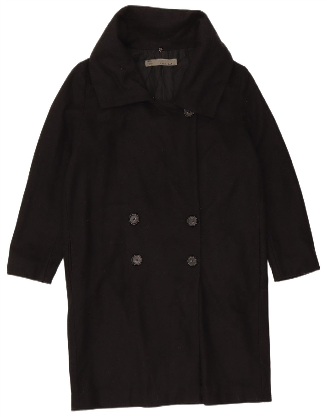 Zara Dame Dobbeltradet Frakke UK 16 Large Black Wool