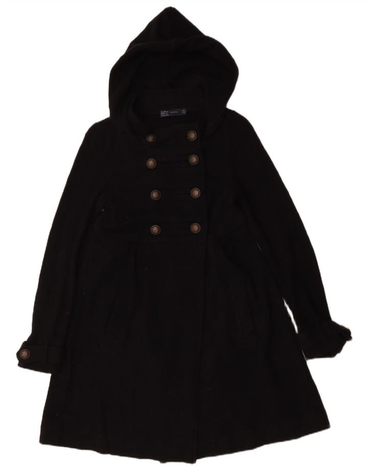Zara Dame Hooded Double Breasted Coat UK 10 Small Black Wool