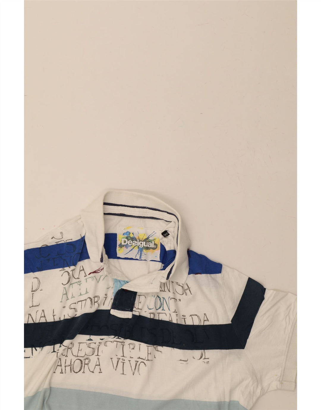 DESIGUAL Mens Graphic Polo Shirt 2XL White Striped Vintage Desigual and Second-Hand Desigual from Messina Hembry 