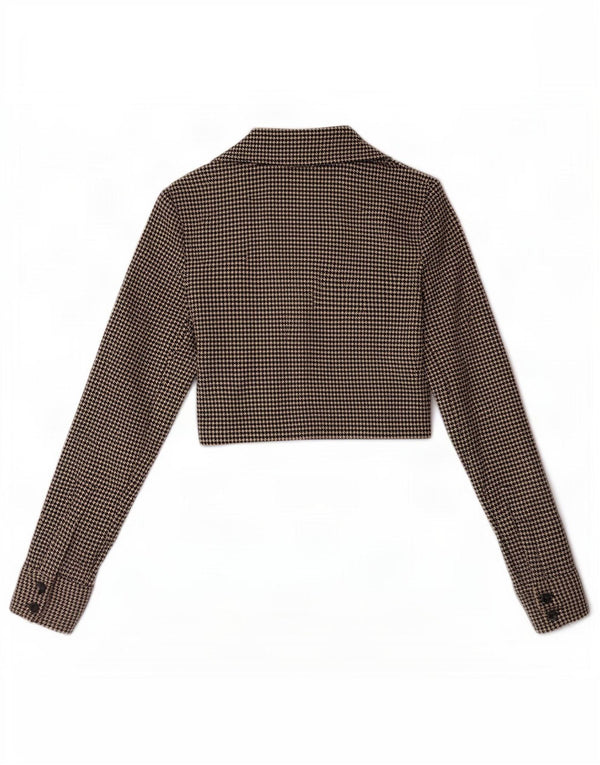 Zara Womens Crop Shirt Bluse UK 6 XS Brown Houndstooth Polyester