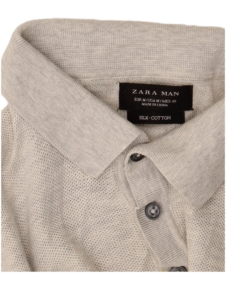 Zara Herre Kortærmet Polo Neck Jumper Sweater Medium Grey Flecked