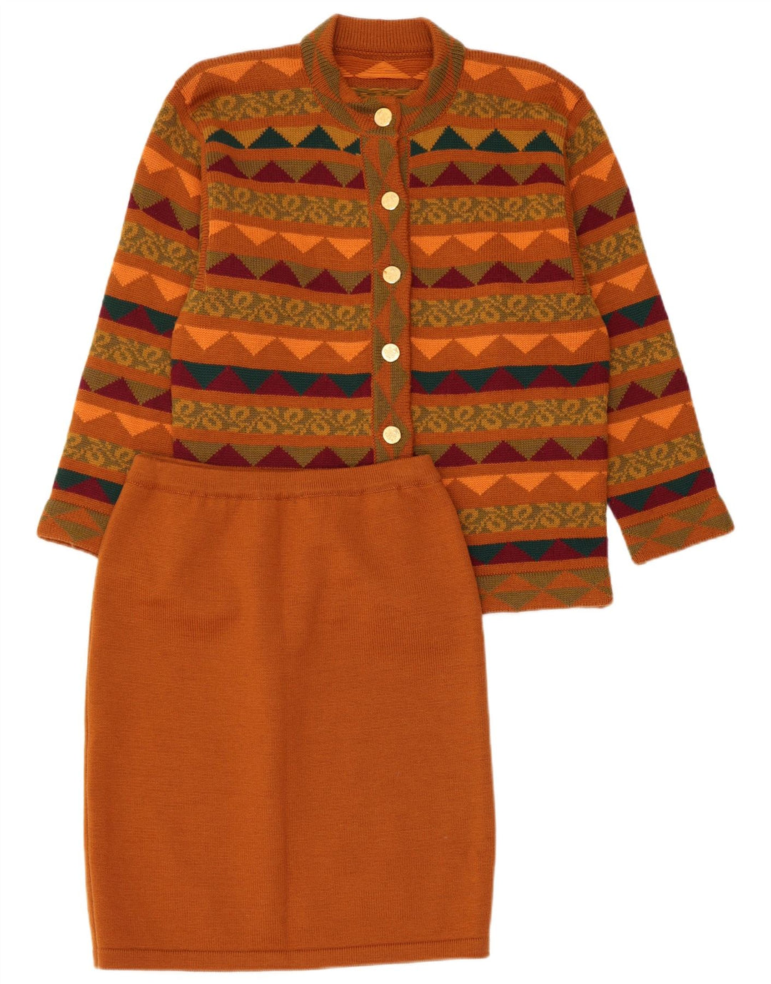 VINTAGE Kvinder strik 2-delt nederdel Sæt UK 14 Medium W28 Brun Geometrisk