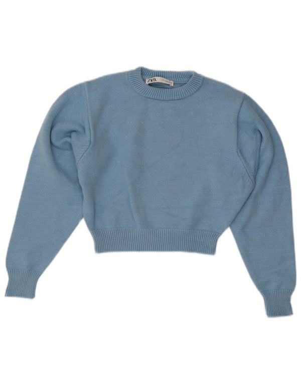 Zara Womens Crop Crew Neck Jumper Sweater UK 10 Small Blue Viscose