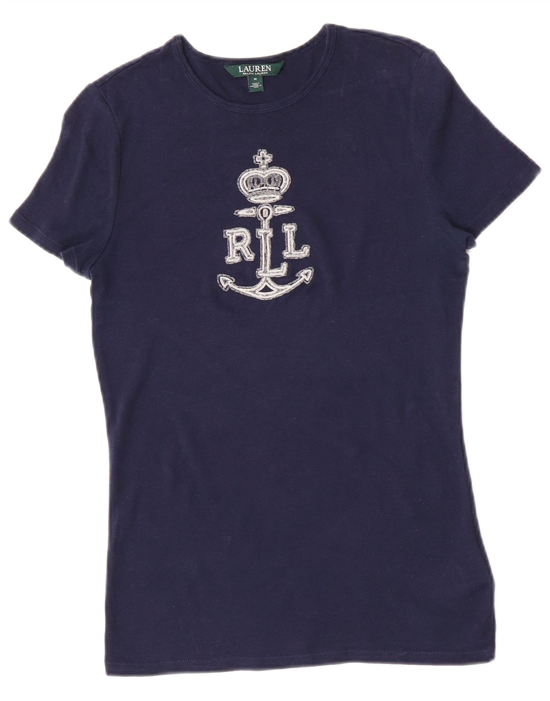 Ralph Lauren Dame Grafisk T-Shirt Top UK 12 Medium Navy Blue Bomuld