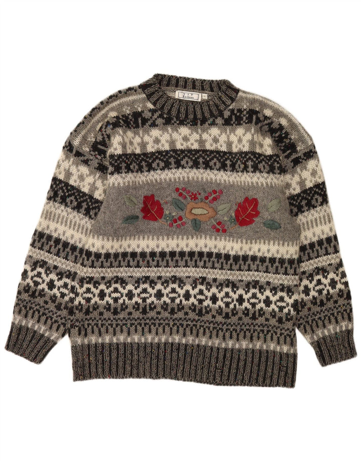 Vintage Herre Crew Neck Jumper Sweater Large Grey Fair Isle Polyacryl