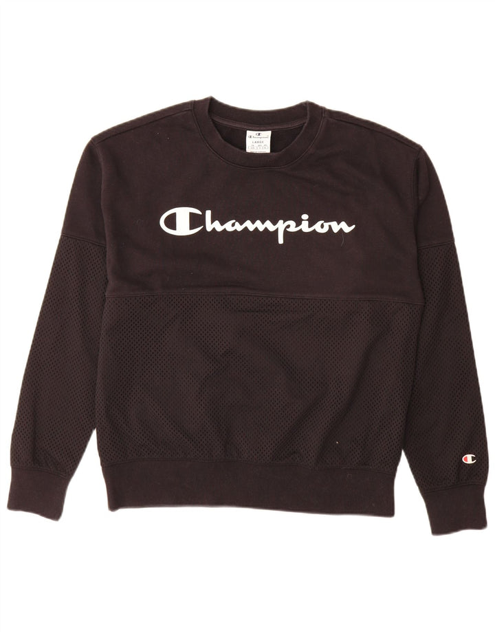 Champion Dame Grafisk Sweatshirt Jumper UK 16 Stor sort bomuld