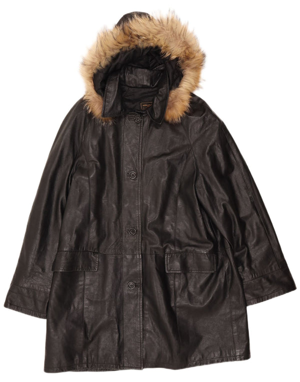 VINTAGE Læderfrakke med hætte til kvinder IT 52 2XL sort læder