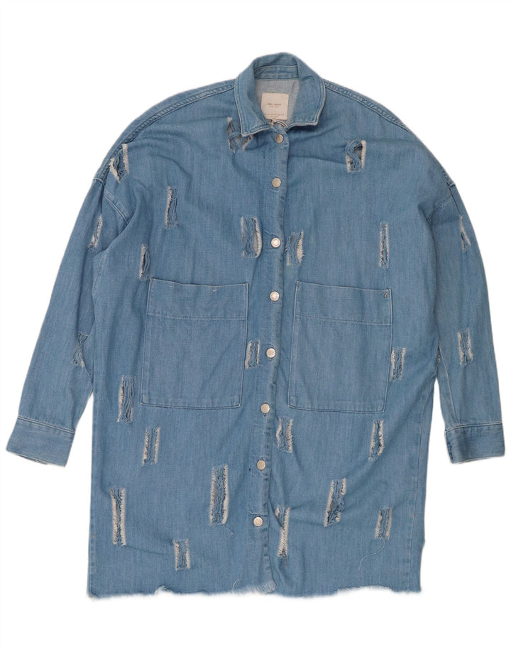Zara Dame Trafaluc Distressed Oversized Denim Kjole UK 10 Small Blue