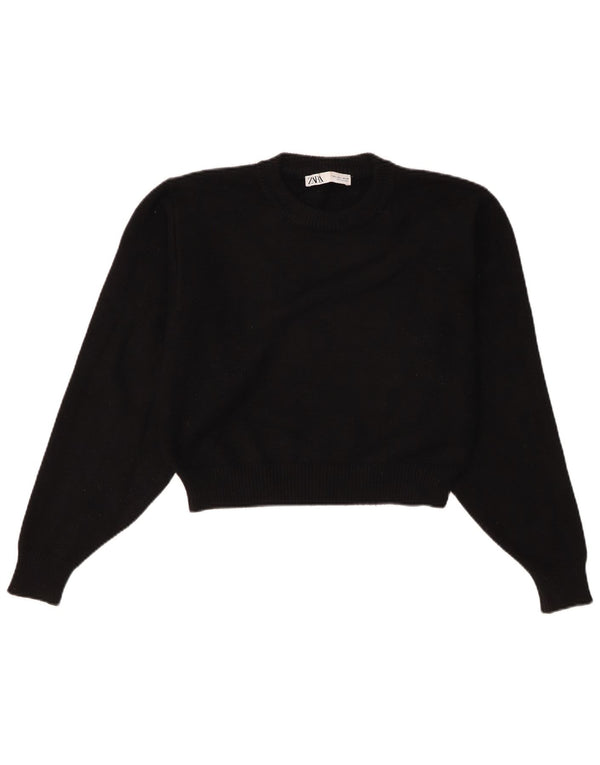 Zara Womens Crop Crew Neck Jumper Sweater UK 16 Large Black Viscose