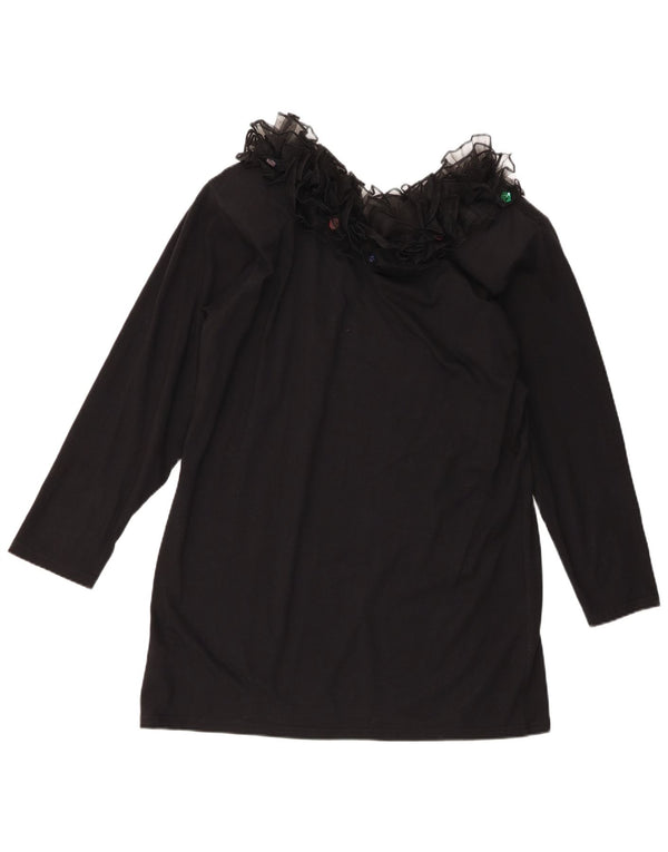 Vintage kvinders flæse foran langærmet tunika top UK 16 Stor sort bomuld