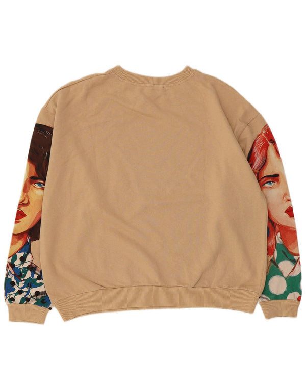 ZARA Womens Oversized Crop Graphic Sweatshirt Jumper UK 14 Medium Beige